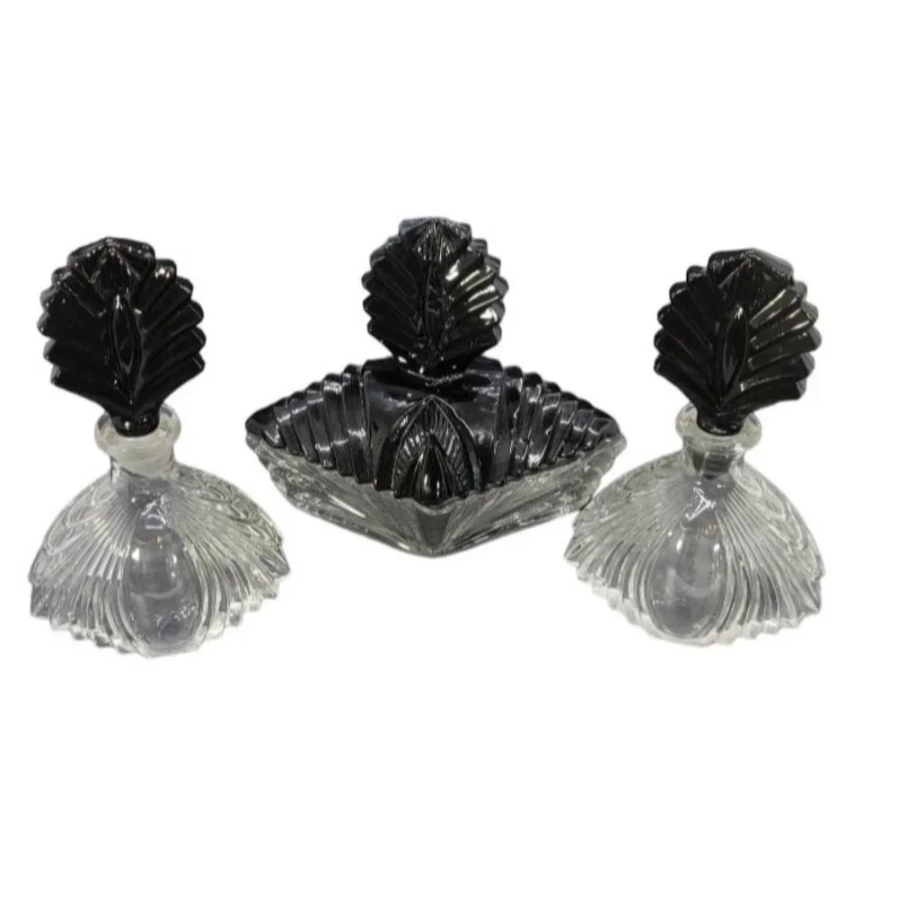 Stunning Vintage Vanity Set Martinsville 1920s Black/Clear Glass Vanity Art deco